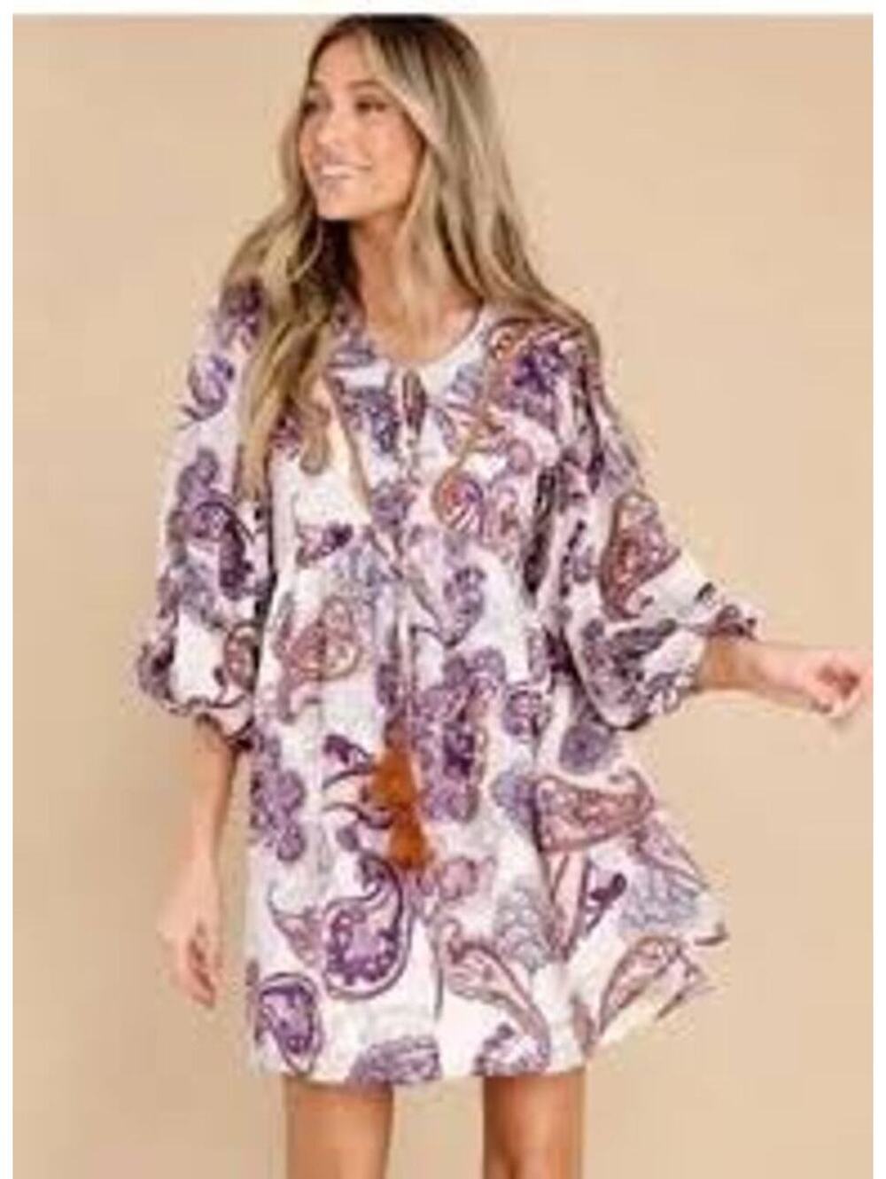 Band of the Free NWT Lyonette Paisley Boho Cream Purple Mini Dress Size S